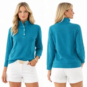 LAUREN RALPH LAUREN Pullover Womens Medium Blue Snap Mock Neck Preppy Varsity
